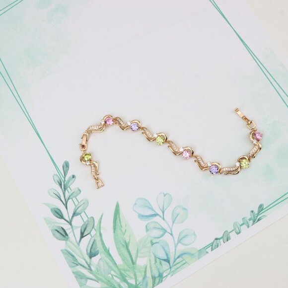 "Rose Gold Bracelet with Wavy Design and Pastel Gemstones, XPBL0817 - Picture 2 of 12